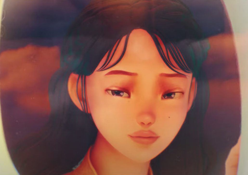 Animated image of IU looking out a plane window in the music video of "eight" by IU and BTS's Suga.